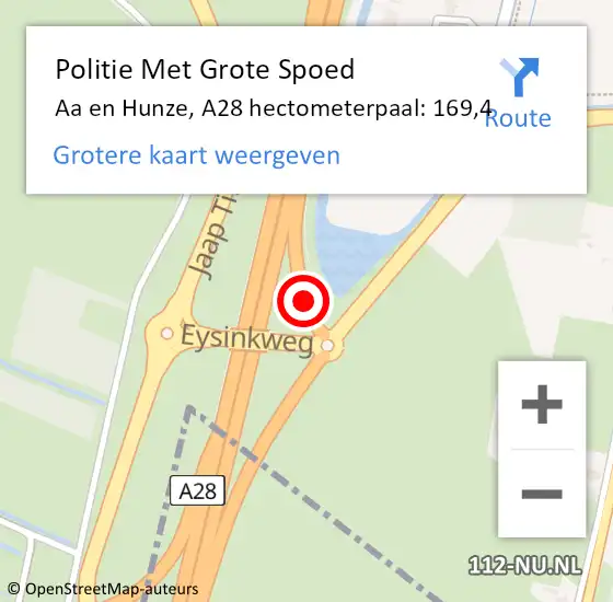 Locatie op kaart van de 112 melding: Politie Met Grote Spoed Naar Aa en Hunze, A28 hectometerpaal: 169,4 op 7 december 2023 13:14