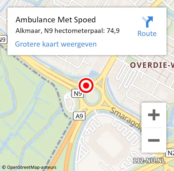 Locatie op kaart van de 112 melding: Ambulance Met Spoed Naar Alkmaar, N9 hectometerpaal: 74,9 op 7 december 2023 16:01