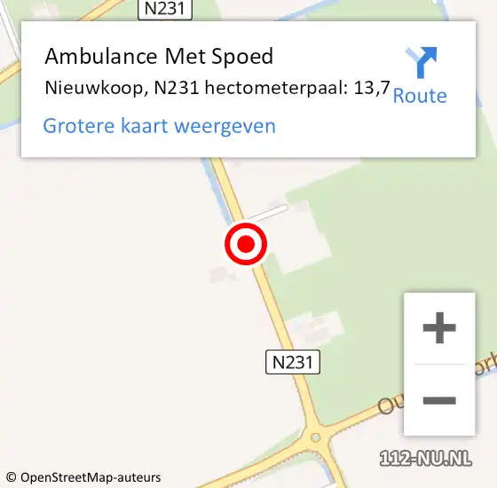 Locatie op kaart van de 112 melding: Ambulance Met Spoed Naar Nieuwkoop, N231 hectometerpaal: 13,7 op 7 december 2023 16:07