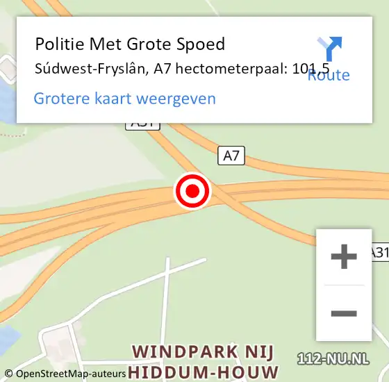 Locatie op kaart van de 112 melding: Politie Met Grote Spoed Naar Súdwest-Fryslân, A7 hectometerpaal: 101,5 op 7 december 2023 20:06