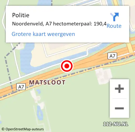 Locatie op kaart van de 112 melding: Politie Noordenveld, A7 hectometerpaal: 190,4 op 7 december 2023 20:08