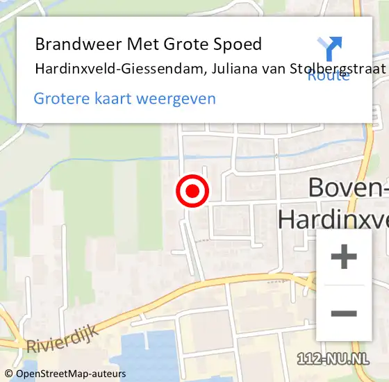 Locatie op kaart van de 112 melding: Brandweer Met Grote Spoed Naar Hardinxveld-Giessendam, Juliana van Stolbergstraat op 8 december 2023 22:28