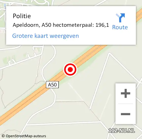 Locatie op kaart van de 112 melding: Politie Apeldoorn, A50 hectometerpaal: 196,1 op 9 december 2023 14:31