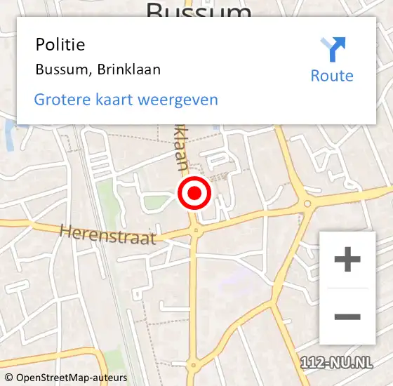 Locatie op kaart van de 112 melding: Politie Bussum, Brinklaan op 9 december 2023 15:15