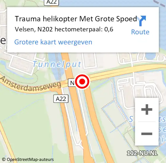 Locatie op kaart van de 112 melding: Trauma helikopter Met Grote Spoed Naar Velsen, N202 hectometerpaal: 0,6 op 9 december 2023 21:27