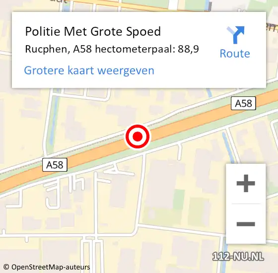 Locatie op kaart van de 112 melding: Politie Met Grote Spoed Naar Rucphen, A58 hectometerpaal: 88,9 op 10 december 2023 02:27