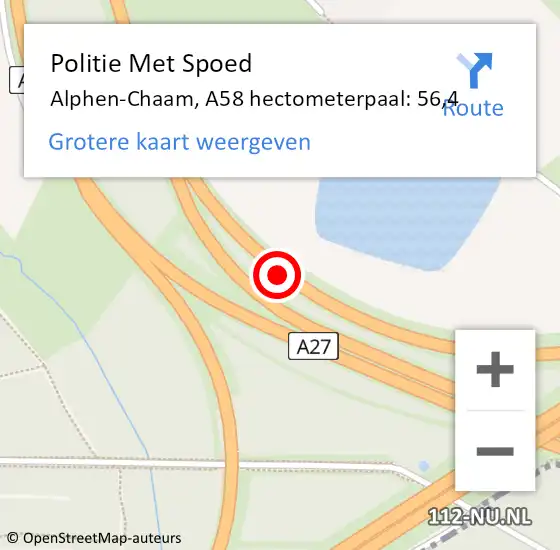 Locatie op kaart van de 112 melding: Politie Met Spoed Naar Alphen-Chaam, A58 hectometerpaal: 56,4 op 10 december 2023 03:29