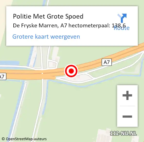 Locatie op kaart van de 112 melding: Politie Met Grote Spoed Naar De Fryske Marren, A7 hectometerpaal: 138,6 op 10 december 2023 11:07