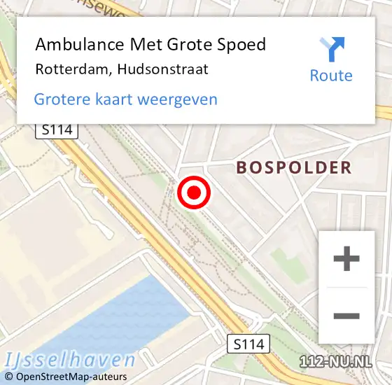 Locatie op kaart van de 112 melding: Ambulance Met Grote Spoed Naar Rotterdam, Hudsonstraat op 10 december 2023 15:12