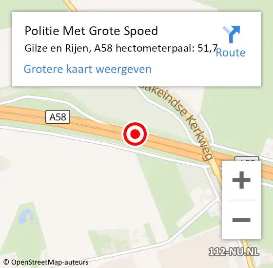 Locatie op kaart van de 112 melding: Politie Met Grote Spoed Naar Gilze en Rijen, A58 hectometerpaal: 51,7 op 10 december 2023 22:00