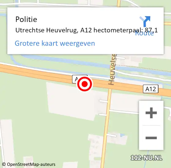 Locatie op kaart van de 112 melding: Politie Utrechtse Heuvelrug, A12 hectometerpaal: 87,1 op 11 december 2023 06:37