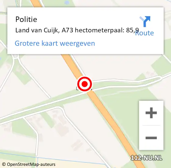 Locatie op kaart van de 112 melding: Politie Land van Cuijk, A73 hectometerpaal: 85,9 op 11 december 2023 07:44