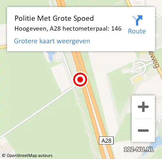 Locatie op kaart van de 112 melding: Politie Met Grote Spoed Naar Hoogeveen, A28 hectometerpaal: 146 op 11 december 2023 15:14