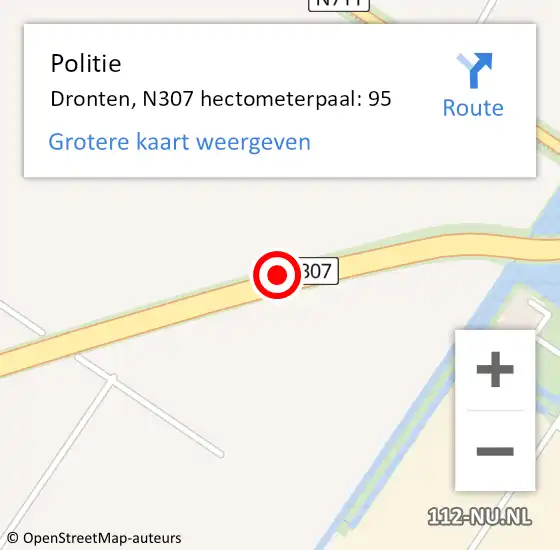Locatie op kaart van de 112 melding: Politie Dronten, N307 hectometerpaal: 95 op 12 december 2023 07:47