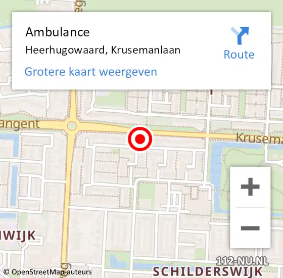 Locatie op kaart van de 112 melding: Ambulance Heerhugowaard, Krusemanlaan op 12 december 2023 10:21