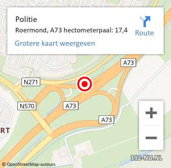 Locatie op kaart van de 112 melding: Politie Roermond, A73 hectometerpaal: 17,4 op 13 december 2023 11:15