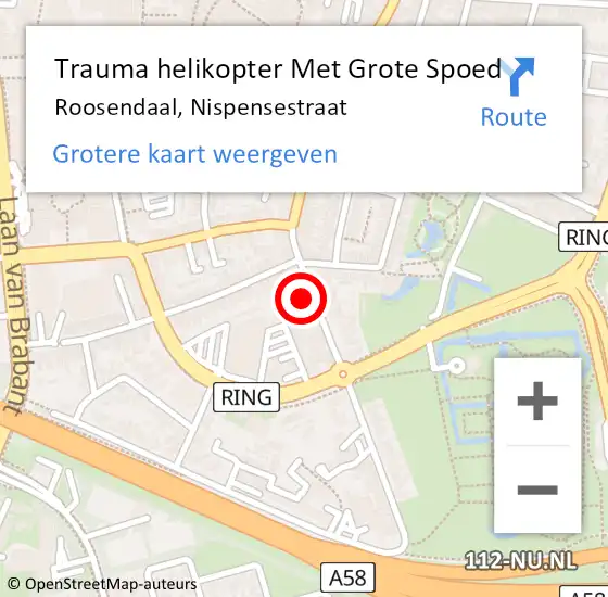 Locatie op kaart van de 112 melding: Trauma helikopter Met Grote Spoed Naar Roosendaal, Nispensestraat op 13 december 2023 11:46