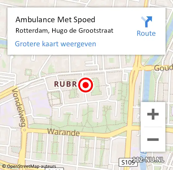 Locatie op kaart van de 112 melding: Ambulance Met Spoed Naar Rotterdam, Hugo de Grootstraat op 13 december 2023 12:34