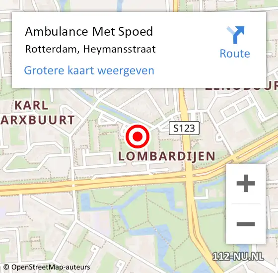 Locatie op kaart van de 112 melding: Ambulance Met Spoed Naar Rotterdam, Heymansstraat op 13 december 2023 19:38