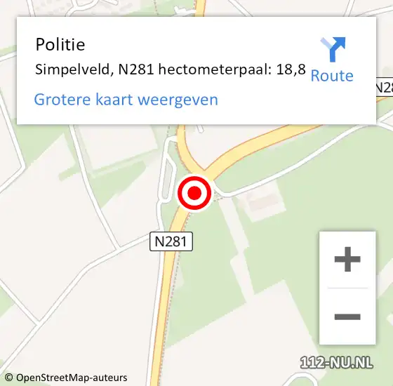 Locatie op kaart van de 112 melding: Politie Simpelveld, N281 hectometerpaal: 18,8 op 14 december 2023 08:25