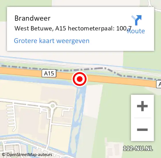 Locatie op kaart van de 112 melding: Brandweer West Betuwe, A15 hectometerpaal: 100,7 op 14 december 2023 10:18