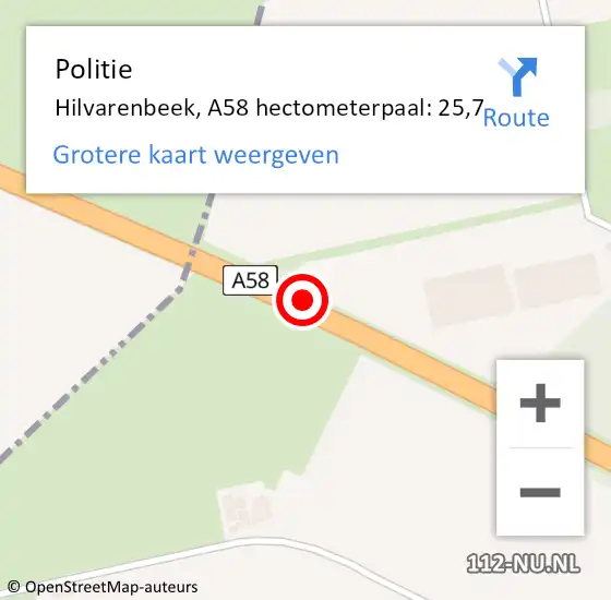Locatie op kaart van de 112 melding: Politie Hilvarenbeek, A58 hectometerpaal: 25,7 op 14 december 2023 14:08
