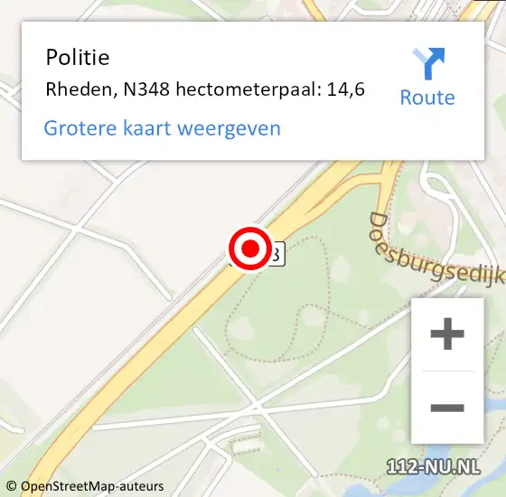 Locatie op kaart van de 112 melding: Politie Rheden, N348 hectometerpaal: 14,6 op 14 december 2023 15:04