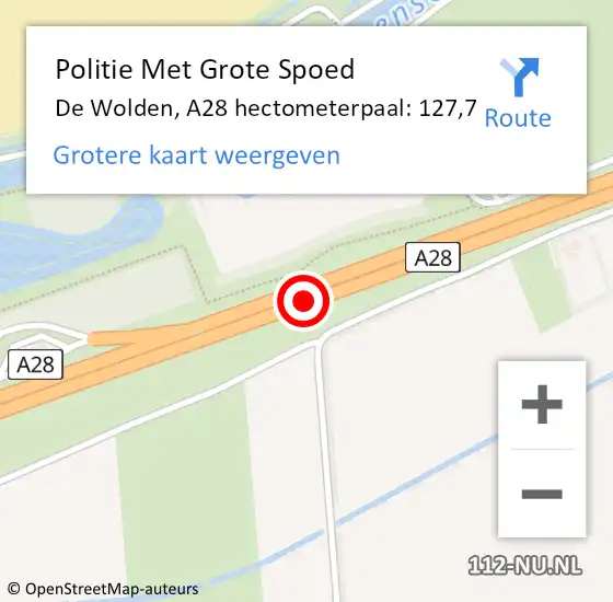 Locatie op kaart van de 112 melding: Politie Met Grote Spoed Naar De Wolden, A28 hectometerpaal: 127,7 op 14 december 2023 15:56