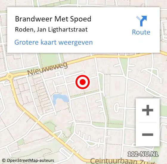 Locatie op kaart van de 112 melding: Brandweer Met Spoed Naar Roden, Jan Ligthartstraat op 14 december 2023 20:21