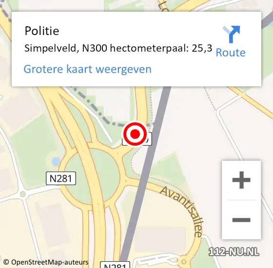 Locatie op kaart van de 112 melding: Politie Simpelveld, N300 hectometerpaal: 25,3 op 14 december 2023 21:14