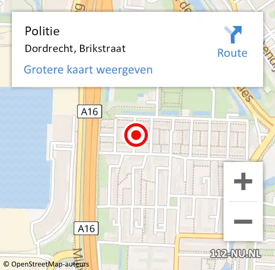 Locatie op kaart van de 112 melding: Politie Dordrecht, Brikstraat op 15 december 2023 04:22