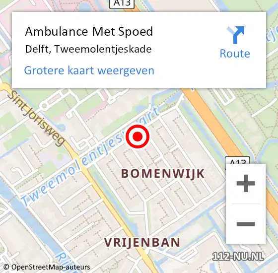 Locatie op kaart van de 112 melding: Ambulance Met Spoed Naar Delft, Tweemolentjeskade op 15 december 2023 07:44