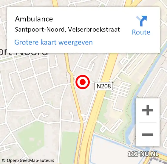 Locatie op kaart van de 112 melding: Ambulance Santpoort-Noord, Velserbroekstraat op 15 december 2023 12:35