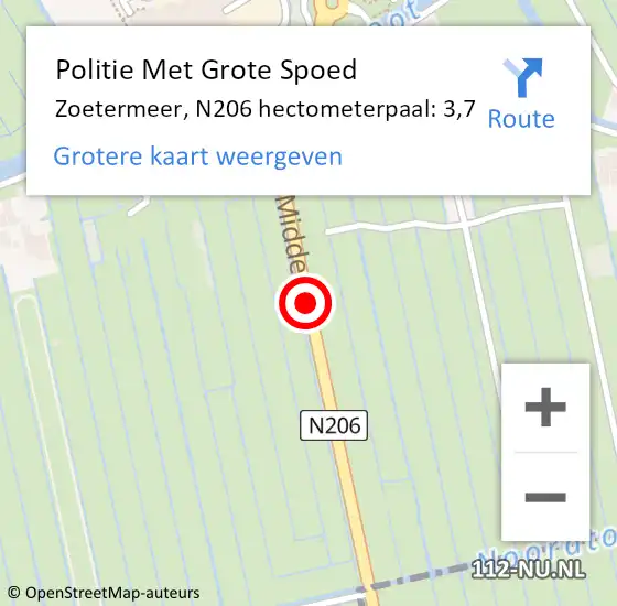 Locatie op kaart van de 112 melding: Politie Met Grote Spoed Naar Zoetermeer, N206 hectometerpaal: 3,7 op 15 december 2023 16:53