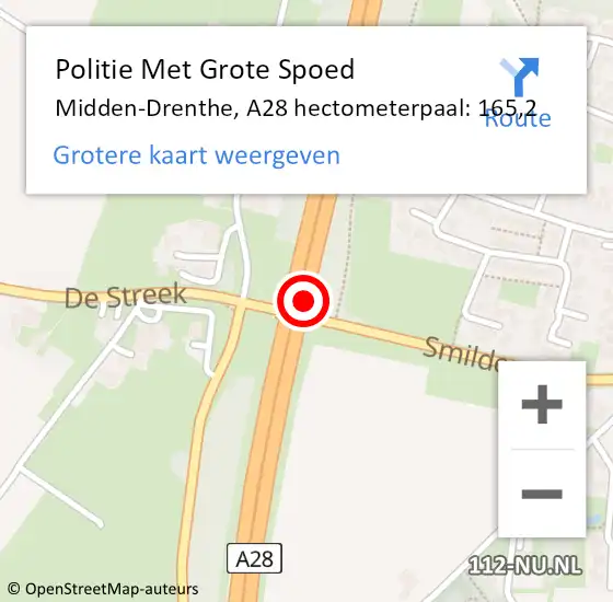 Locatie op kaart van de 112 melding: Politie Met Grote Spoed Naar Midden-Drenthe, A28 hectometerpaal: 165,2 op 15 december 2023 20:46