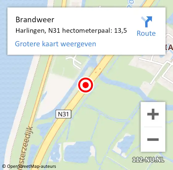 Locatie op kaart van de 112 melding: Brandweer Harlingen, N31 hectometerpaal: 13,5 op 16 december 2023 00:12