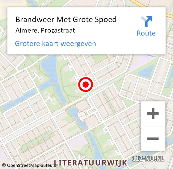 Locatie op kaart van de 112 melding: Brandweer Met Grote Spoed Naar Almere, Prozastraat op 16 december 2023 03:56