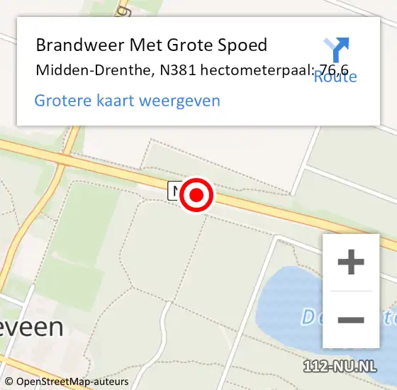 Locatie op kaart van de 112 melding: Brandweer Met Grote Spoed Naar Midden-Drenthe, N381 hectometerpaal: 76,6 op 16 december 2023 07:06