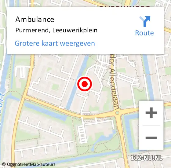 Locatie op kaart van de 112 melding: Ambulance Purmerend, Leeuwerikplein op 16 december 2023 07:19