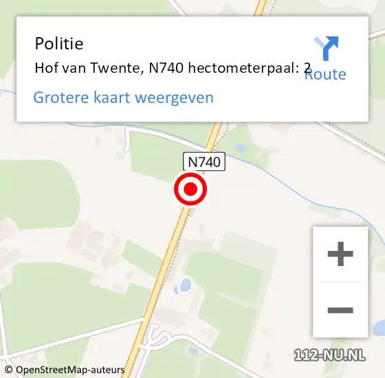 Locatie op kaart van de 112 melding: Politie Hof van Twente, N740 hectometerpaal: 2 op 16 december 2023 08:15
