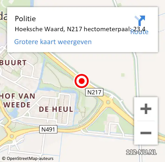 Locatie op kaart van de 112 melding: Politie Hoeksche Waard, N217 hectometerpaal: 23,4 op 16 december 2023 08:59