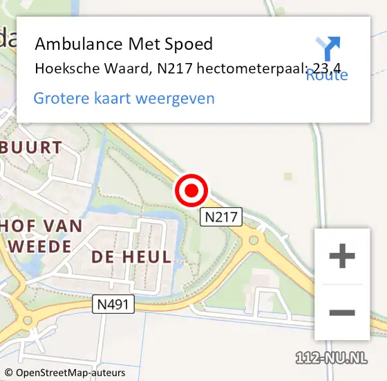Locatie op kaart van de 112 melding: Ambulance Met Spoed Naar Hoeksche Waard, N217 hectometerpaal: 23,4 op 16 december 2023 09:00
