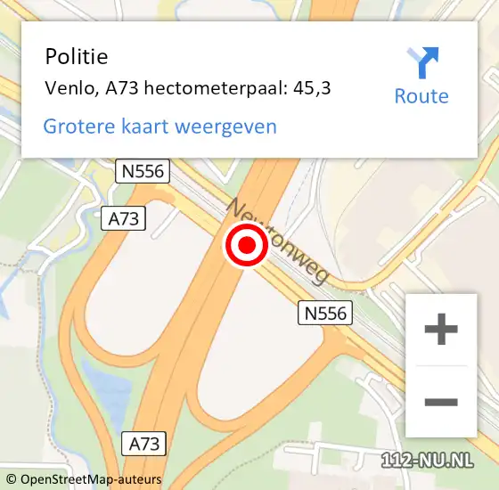 Locatie op kaart van de 112 melding: Politie Venlo, A73 hectometerpaal: 45,3 op 16 december 2023 11:32