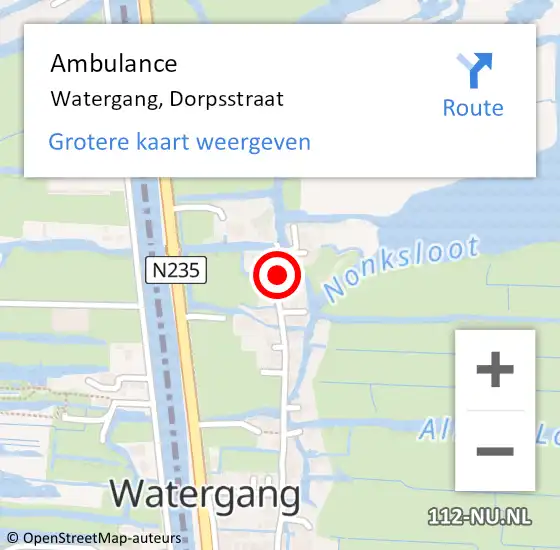 Locatie op kaart van de 112 melding: Ambulance Watergang, Dorpsstraat op 16 december 2023 13:18