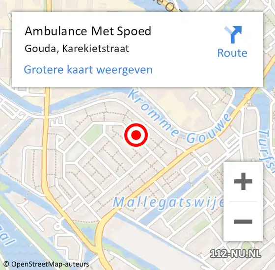 Locatie op kaart van de 112 melding: Ambulance Met Spoed Naar Gouda, Karekietstraat op 16 december 2023 14:20