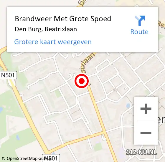 Locatie op kaart van de 112 melding: Brandweer Met Grote Spoed Naar Den Burg, Beatrixlaan op 16 december 2023 14:29
