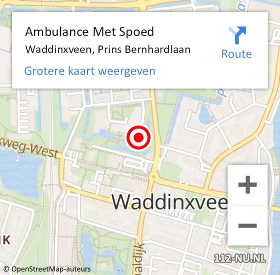 Locatie op kaart van de 112 melding: Ambulance Met Spoed Naar Waddinxveen, Prins Bernhardlaan op 16 december 2023 14:42