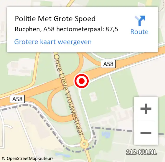 Locatie op kaart van de 112 melding: Politie Met Grote Spoed Naar Rucphen, A58 hectometerpaal: 87,5 op 16 december 2023 16:30