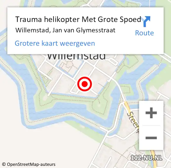 Locatie op kaart van de 112 melding: Trauma helikopter Met Grote Spoed Naar Willemstad, Jan van Glymesstraat op 16 december 2023 16:51