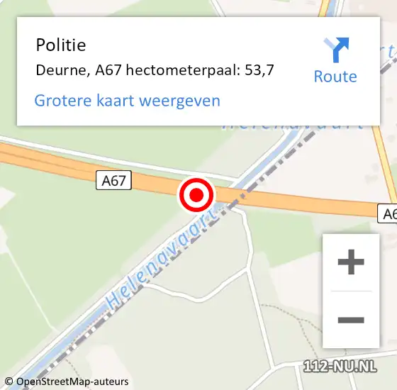 Locatie op kaart van de 112 melding: Politie Deurne, A67 hectometerpaal: 53,7 op 17 december 2023 22:09